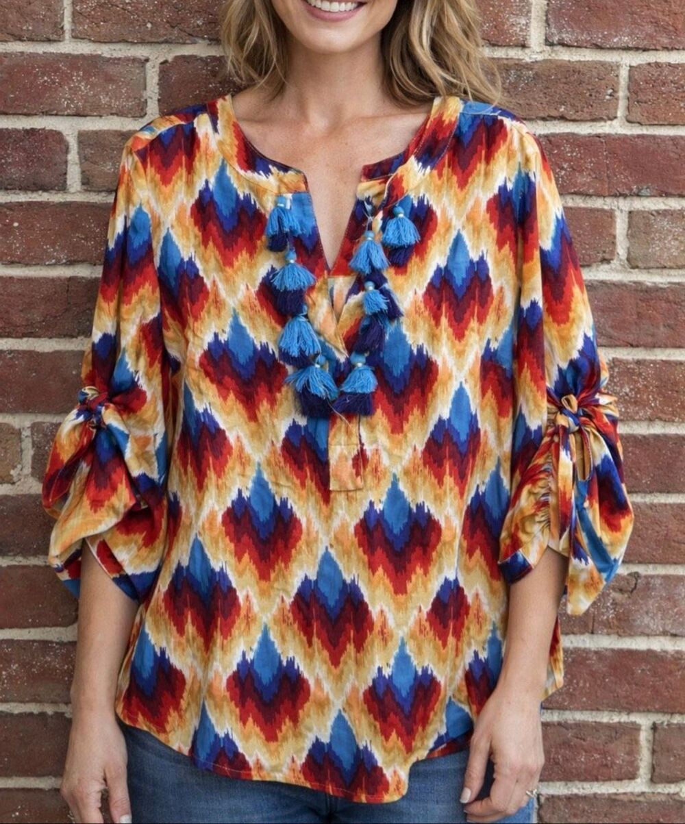 TRU LUXE JEANS $89 Boho Tassel Popover Tunic Top Multicolor 3/4 Sleeve Medium NE